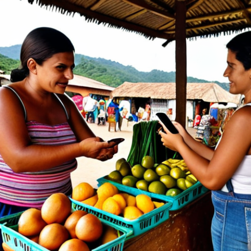 Home 11 **Prompt:** Brazilian village scene. A woman uses her smartphone to pay a vendor at a market stall. Focus on the ease and accessibility of mobile payments.