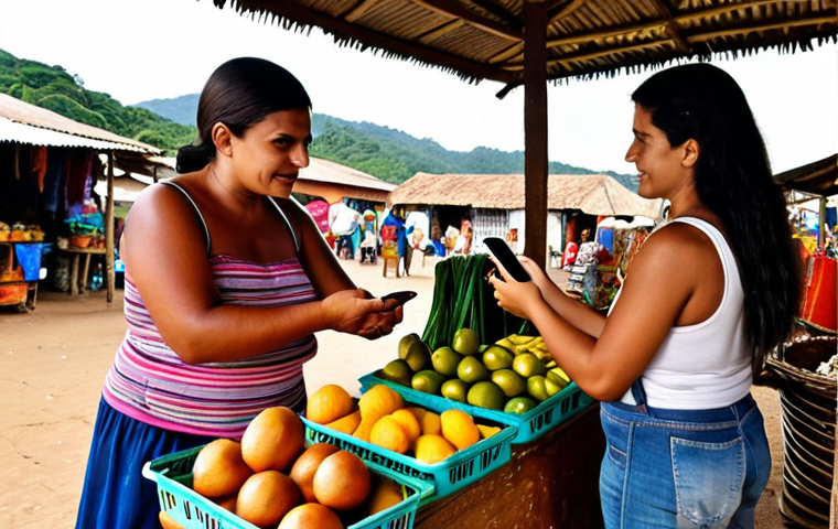 **Prompt:** Brazilian village scene. A woman uses her smartphone to pay a vendor at a market stall. Focus on the ease and accessibility of mobile payments.