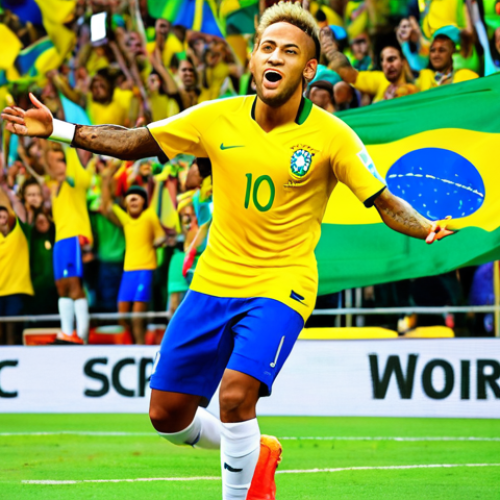Home 6 **A vibrant, dynamic digital painting of Neymar Jr. in his prime, wearing the Brazil national team jersey, scoring a goal during a World Cup match. The background should feature cheering fans and the Brazilian flag, emphasizing his inspiring role model status. Use bright, celebratory colors.**