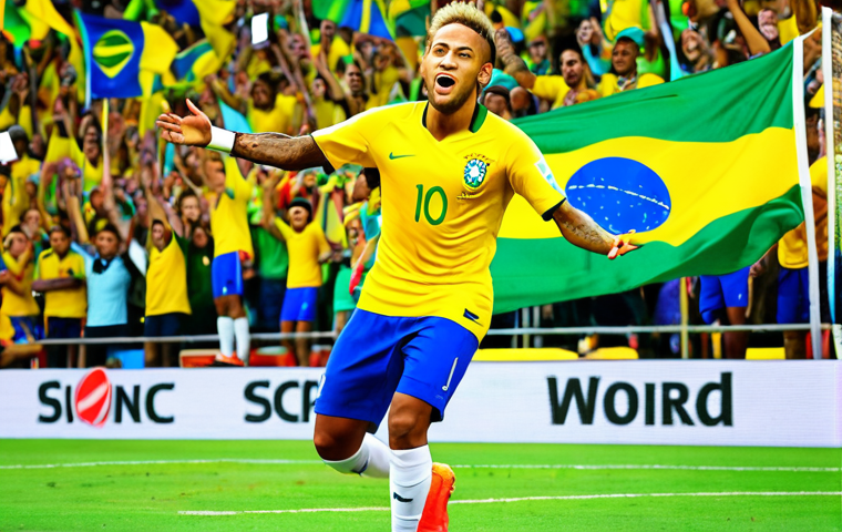 **A vibrant, dynamic digital painting of Neymar Jr. in his prime, wearing the Brazil national team jersey, scoring a goal during a World Cup match. The background should feature cheering fans and the Brazilian flag, emphasizing his inspiring role model status. Use bright, celebratory colors.**