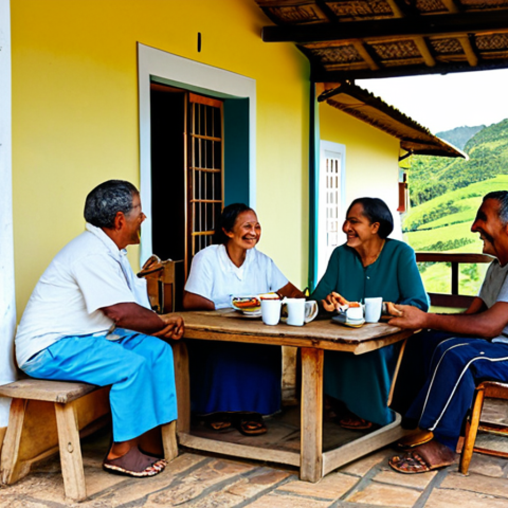 A group of friendly, diverse Brazilian villagers, fully clothed in modest, comfortable rural attire, gathered on a sunny porch of a traditional house in the verdant Minas Gerais countryside. They are smiling and engaged in warm conversation, sharing coffee and local fruits, depicting a close-knit community. The scene is filled with natural light, showing high detail and realistic textures. Perfect anatomy, correct proportions, well-formed hands, proper finger count, natural pose. Professional photography, inviting atmosphere. safe for work, appropriate content, fully clothed, modest, family-friendly.