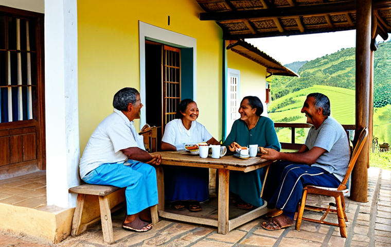 A group of friendly, diverse Brazilian villagers, fully clothed in modest, comfortable rural attire, gathered on a sunny porch of a traditional house in the verdant Minas Gerais countryside. They are smiling and engaged in warm conversation, sharing coffee and local fruits, depicting a close-knit community. The scene is filled with natural light, showing high detail and realistic textures. Perfect anatomy, correct proportions, well-formed hands, proper finger count, natural pose. Professional photography, inviting atmosphere. safe for work, appropriate content, fully clothed, modest, family-friendly.