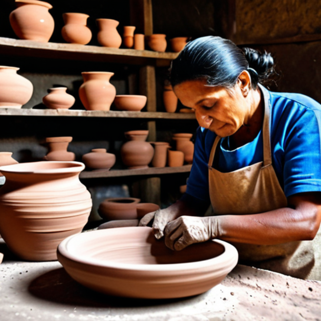 **
A skilled Brazilian artisan creating traditional clay pottery, fully clothed, in a rustic workshop setting, appropriate attire, safe for work. The scene features various stages of pottery creation, from shaping to decorating, showcasing natural pigments and geometric designs. Perfect anatomy, correct proportions, natural pose, professional photography, high quality, modest and family-friendly.
**