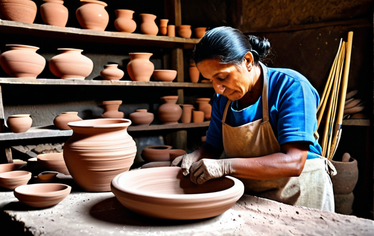 **
A skilled Brazilian artisan creating traditional clay pottery, fully clothed, in a rustic workshop setting, appropriate attire, safe for work. The scene features various stages of pottery creation, from shaping to decorating, showcasing natural pigments and geometric designs. Perfect anatomy, correct proportions, natural pose, professional photography, high quality, modest and family-friendly.
**