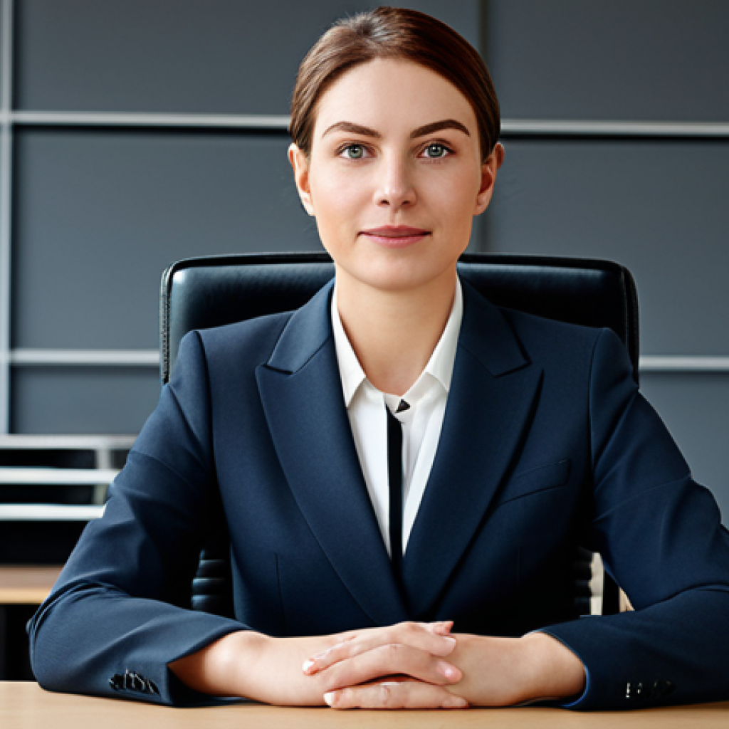 "A professional businesswoman in a modest business suit, sitting at a desk in a modern office, fully clothed, appropriate attire, safe for work, perfect anatomy, natural proportions, professional photography, high quality."