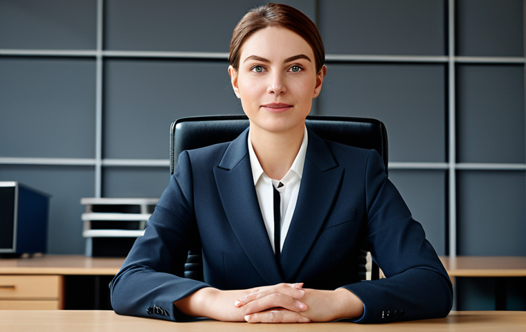 "A professional businesswoman in a modest business suit, sitting at a desk in a modern office, fully clothed, appropriate attire, safe for work, perfect anatomy, natural proportions, professional photography, high quality."