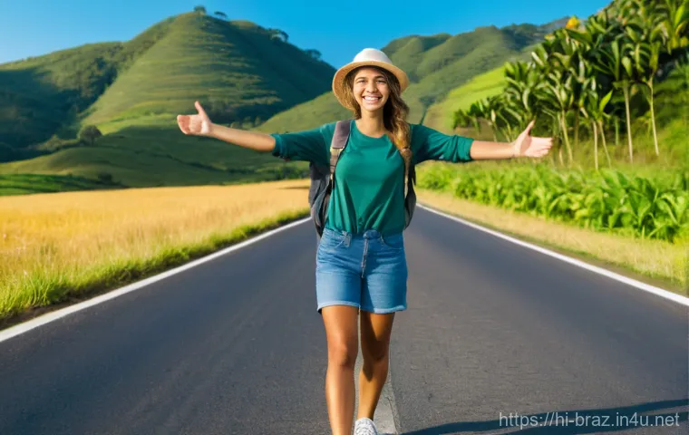 브라질에서 히치하이킹 가능할까 - **A joyful solo female traveler hitchhiking in rural Brazil.**
* **Description:** A young woma...