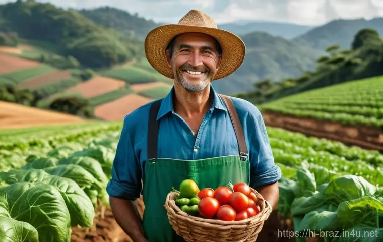 브라질 유기농 시장 성장 - **Prompt:** A vibrant, sun-drenched scene in the Brazilian countryside, featuring a male or female s...