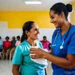 브라질 의료 시스템 - **Prompt:** A vibrant and diverse Brazilian community health center, bustling with activity. Healthc...