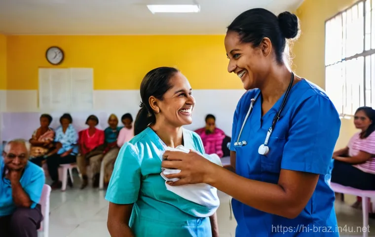 브라질 의료 시스템 - **Prompt:** A vibrant and diverse Brazilian community health center, bustling with activity. Healthc...