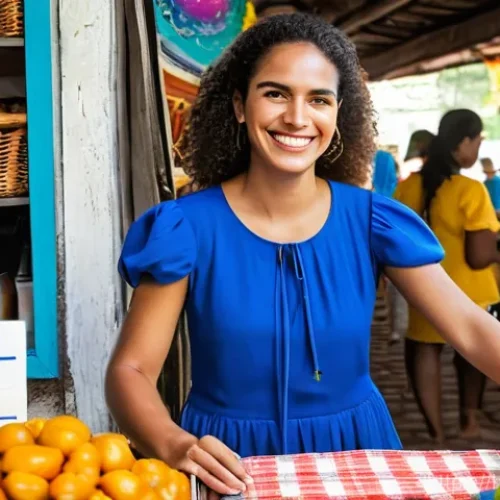 Home 27 브라질 내 IT 스타트업 - **Prompt:** A vibrant and bustling Brazilian open-air market stall, where a female small business ow...