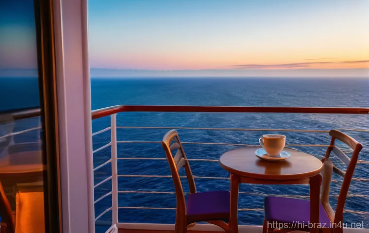 브라질 크루즈 여행 - Image Prompt 1: Serene Brazilian Sunrise from Cruise Balcony**