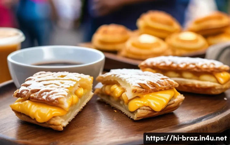 브라질에서 가장 많이 소비되는 음식 - A vibrant street food scene in Rio de Janeiro featuring a close-up of crispy casadinho pastries fill...