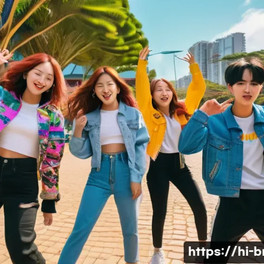 브라질 한류 영향력 - A vibrant street scene in Brazil showing a diverse group of enthusiastic young people dancing energe...