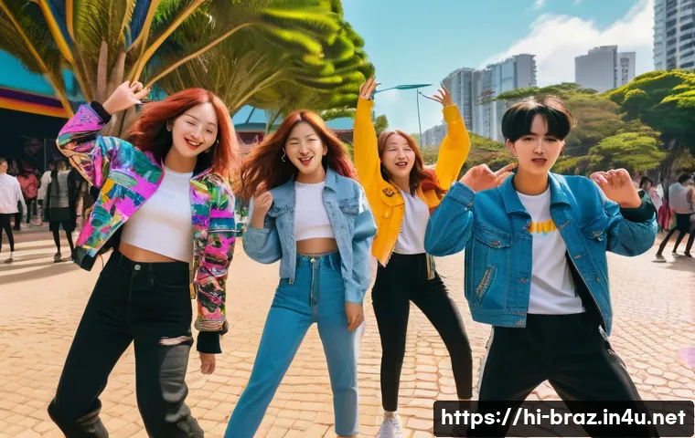 브라질 한류 영향력 - A vibrant street scene in Brazil showing a diverse group of enthusiastic young people dancing energe...