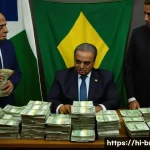 브라질 부패 스캔들 - A detailed and dramatic scene inside a dimly lit Brazilian political office, showing two senior poli...