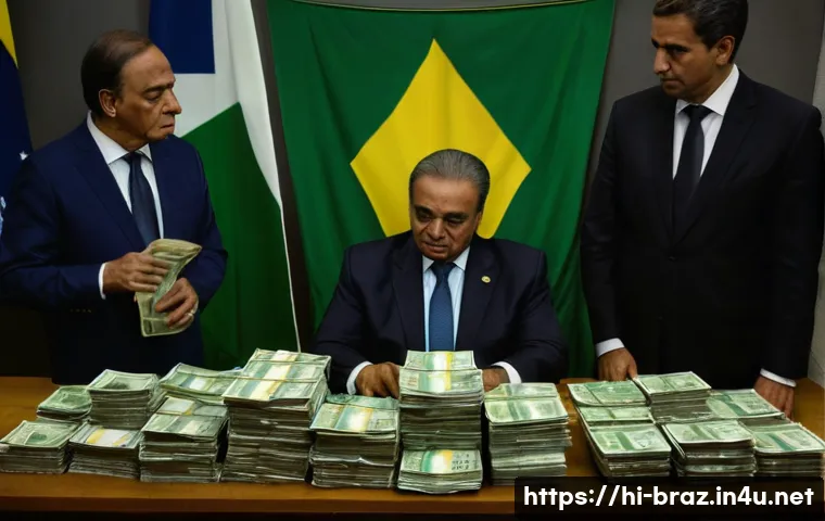 브라질 부패 스캔들 - A detailed and dramatic scene inside a dimly lit Brazilian political office, showing two senior poli...