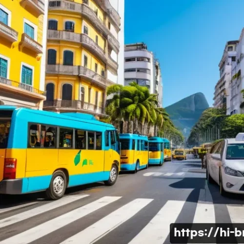 브라질 여행 시 필수 어플 - A vibrant street scene in Rio de Janeiro featuring a diverse group of people using ride-hailing apps...