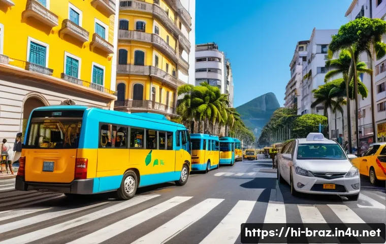 브라질 여행 시 필수 어플 - A vibrant street scene in Rio de Janeiro featuring a diverse group of people using ride-hailing apps...