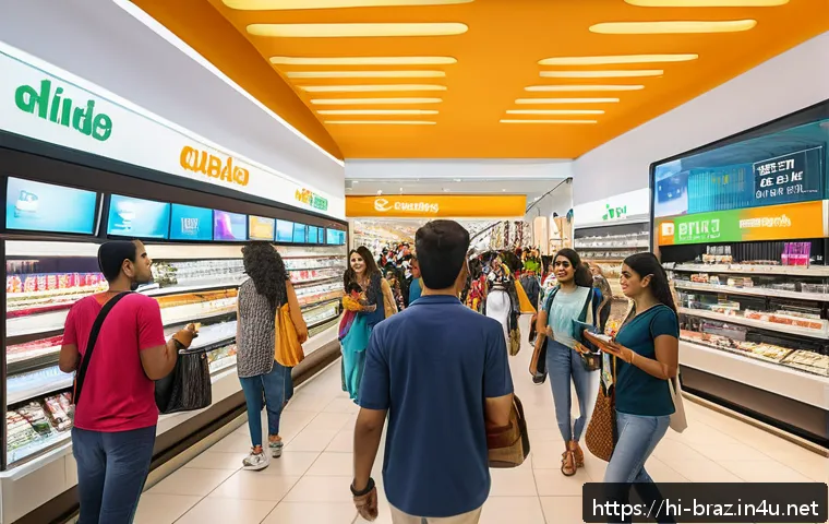 브라질의 대표적인 대형 쇼핑몰 - A bustling, modern Brazilian shopping mall interior showcasing a diverse crowd of Hindi-speaking sho...