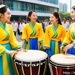 브라질과 한국 외교 이슈 - A vibrant cultural festival scene showing a fusion of Brazilian and Korean elements: Brazilian music...