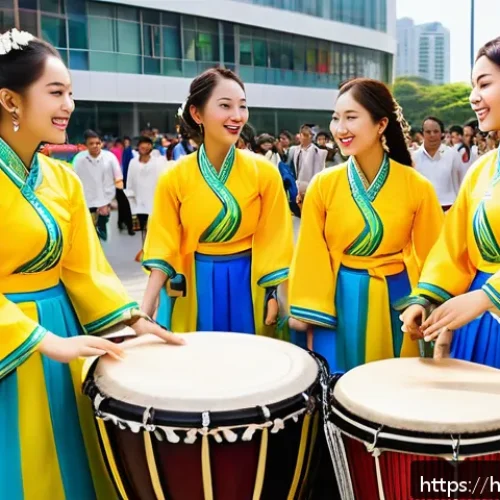 브라질과 한국 외교 이슈 - A vibrant cultural festival scene showing a fusion of Brazilian and Korean elements: Brazilian music...