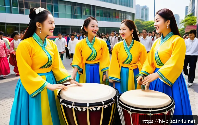 브라질과 한국 외교 이슈 - A vibrant cultural festival scene showing a fusion of Brazilian and Korean elements: Brazilian music...