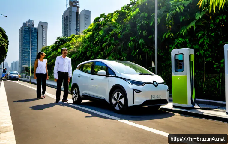 Home 17 브라질 전기차 시장 전망 - Photorealistic wide-angle view of a modern electric car charging at a clean public station in São Pa...