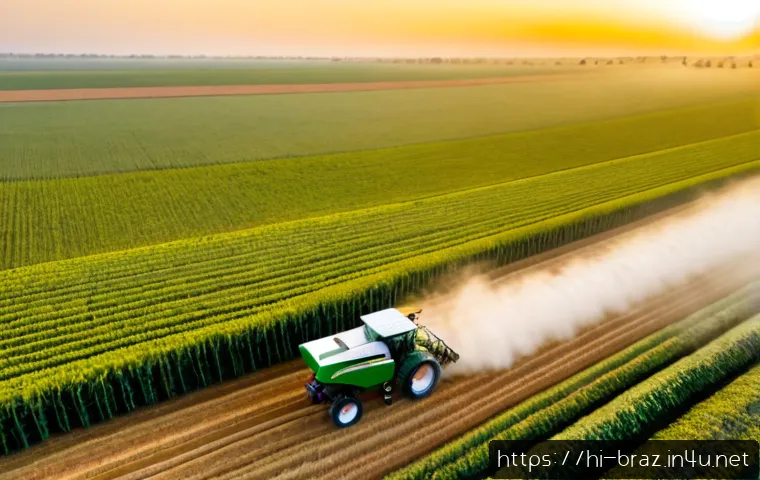 브라질 주요 수출품 - Photorealistic aerial view of a vast Brazilian soybean harvest at golden sunrise, a modern combine h...