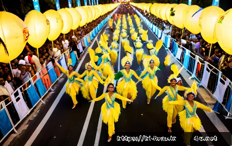 브라질 주요 축제 일정 - Photorealistic Rio de Janeiro Carnival parade at sunset, elegant samba dancers in vibrant feathered ...